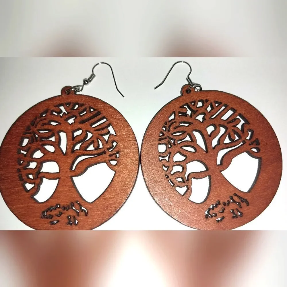 Brown Hollow Wooden tree Of Life Earrings
